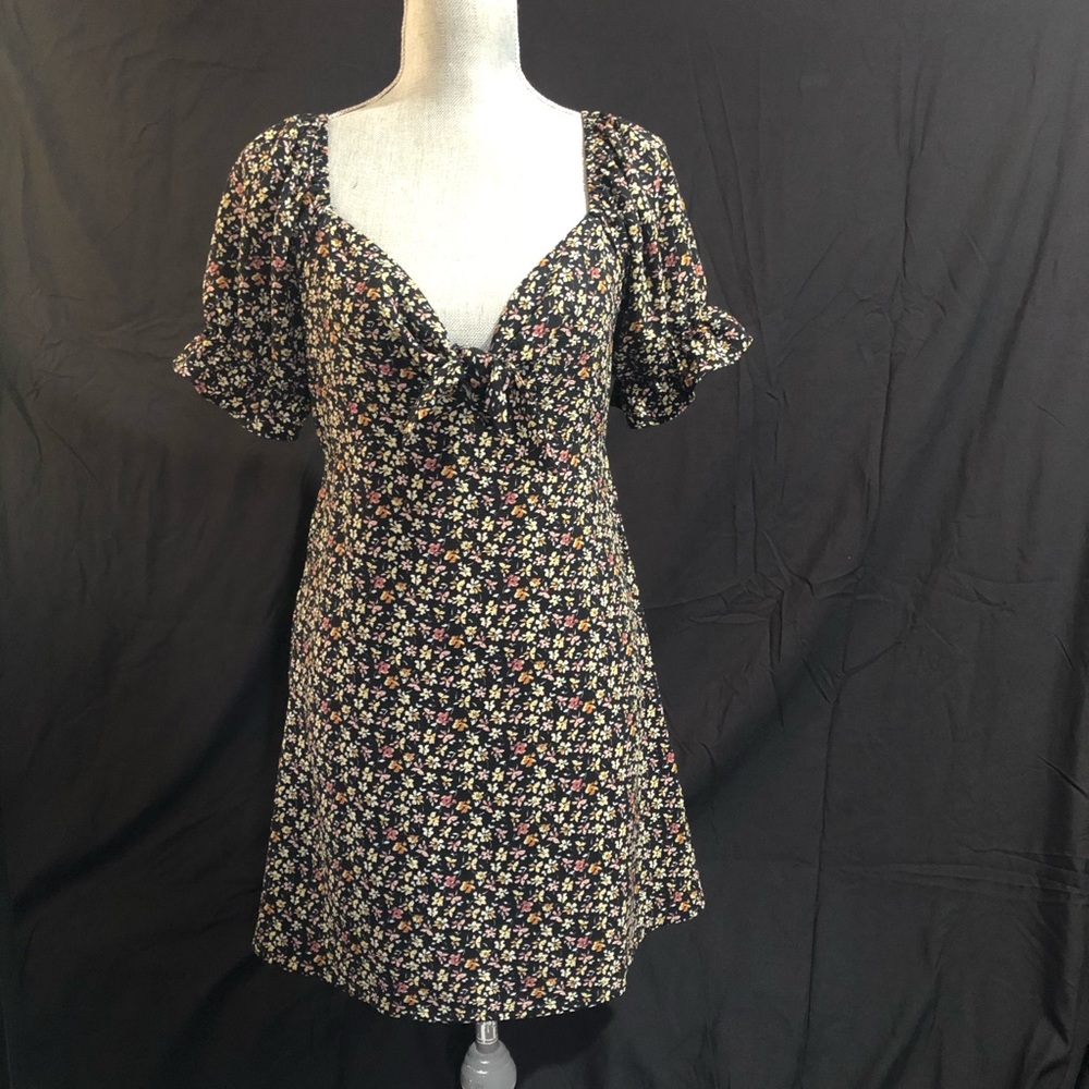 Flower Print, Puff Sleeve, Sweetheart Dress - L
